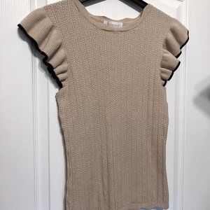 Ally Mae Tan & Black Trim Flutter Short Sleeve Sweater-Size Large-Women's-Casual